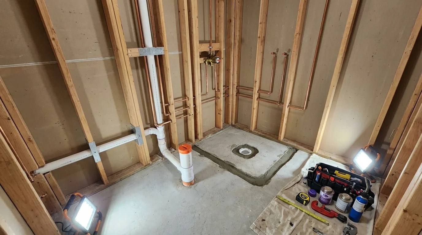 Bathroom rough-in plumbing during remodel by Johns Plumbing LLC in Strafford