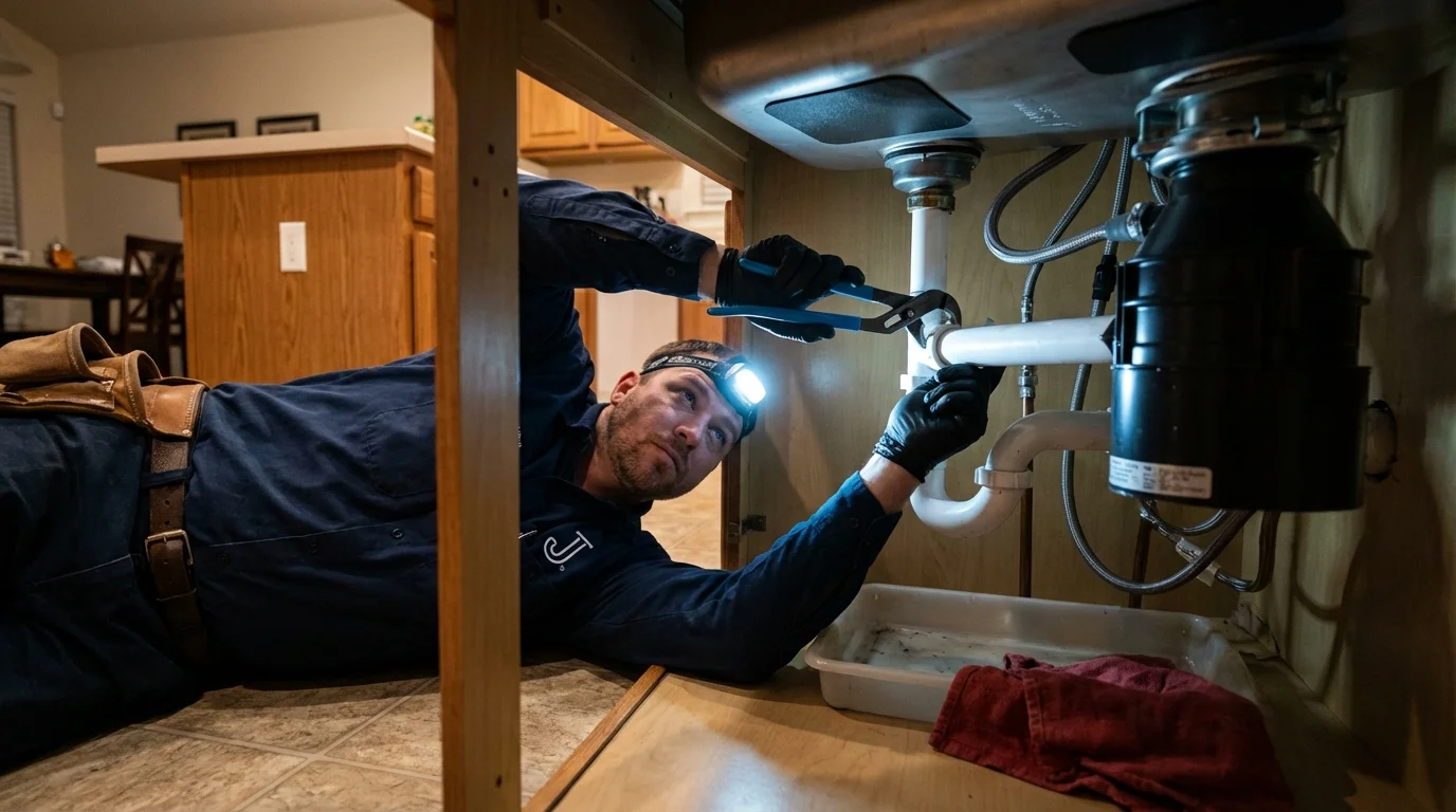 P-trap and supply line connections under a kitchen sink showing a common leak point in Strafford, NH